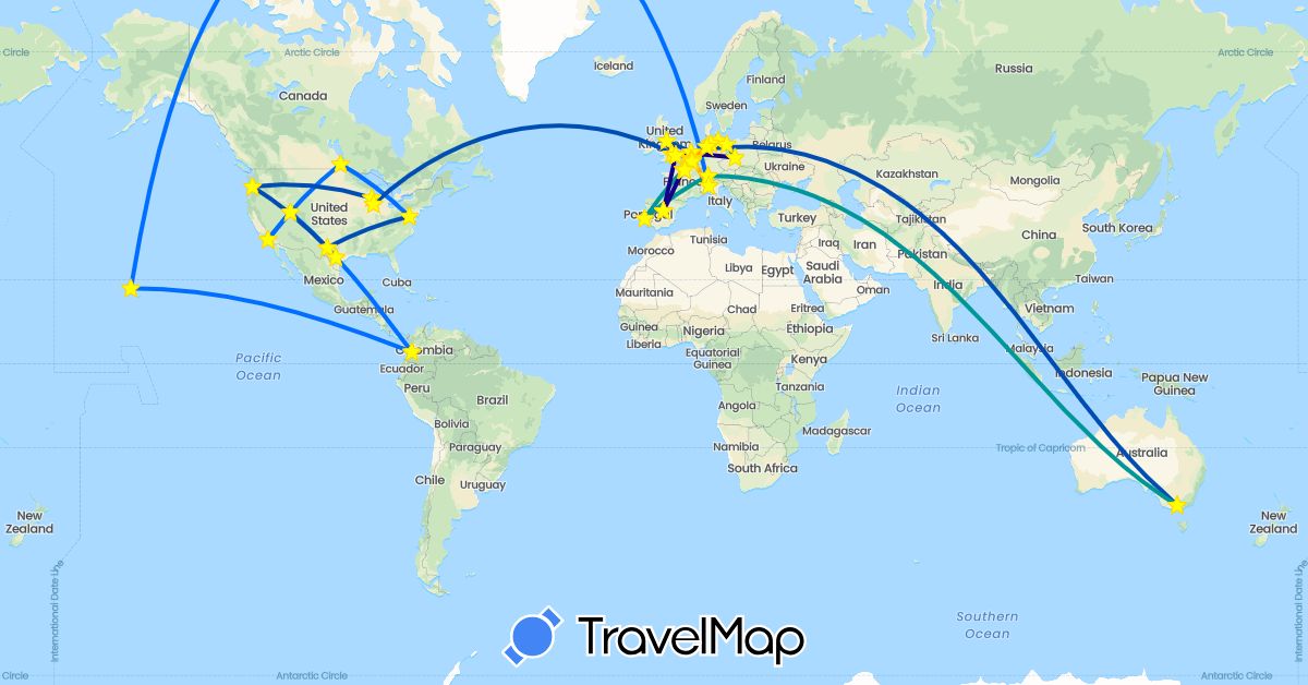 TravelMap itinerary: driving, 2016, 2017, 2018, 2019, 2020 - the year of covid, 2021, 2022, 2023 in Australia, Belgium, Canada, Colombia, Germany, Spain, France, United Kingdom, Italy, Netherlands, Poland, Portugal, United States (Europe, North America, Oceania, South America)
